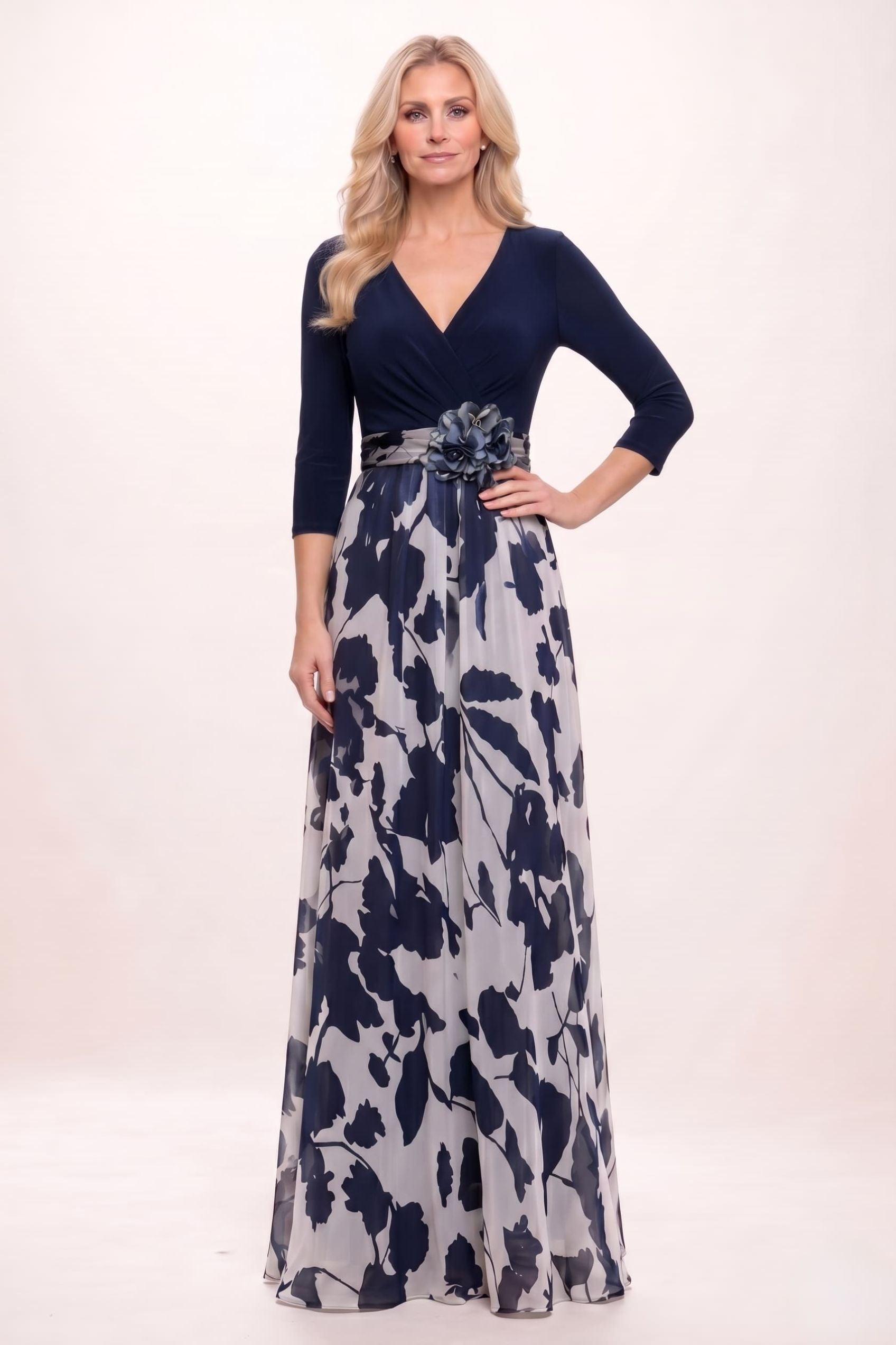 A-Line Maxi Stretch Satin Printed Chiffon Mother of the Bride Dress CM0441 - Dark Navy - COCOMELODY